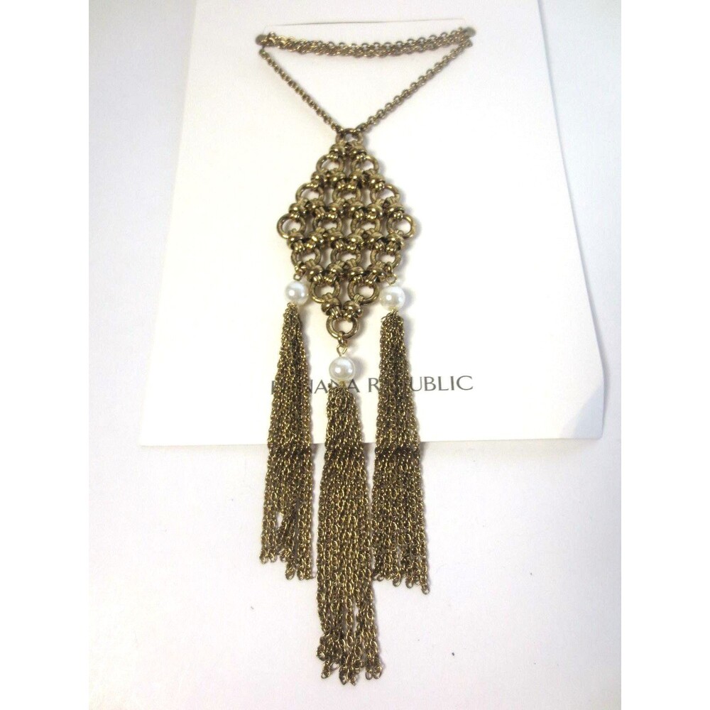 Banana Republic Gold Link Pearl Tri Tassel Long Necklace NWT $98